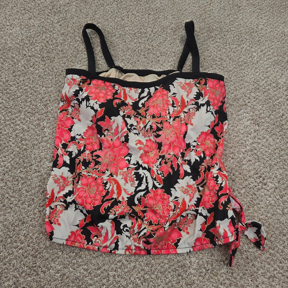 Maxine of Hollywood‎ Peach Black White Floral Tankini Swim Top Built in Bra - 16